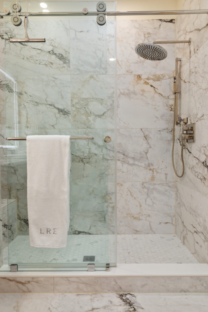 Luxury walk-in shower in the primary bathroom at The Vale in Lost River West Virginia
