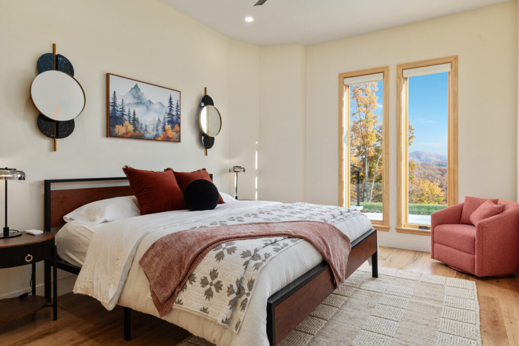 Downstairs bedroom with ensuite bathroom and sweeping views of the mountains at Lost River, West Virginia